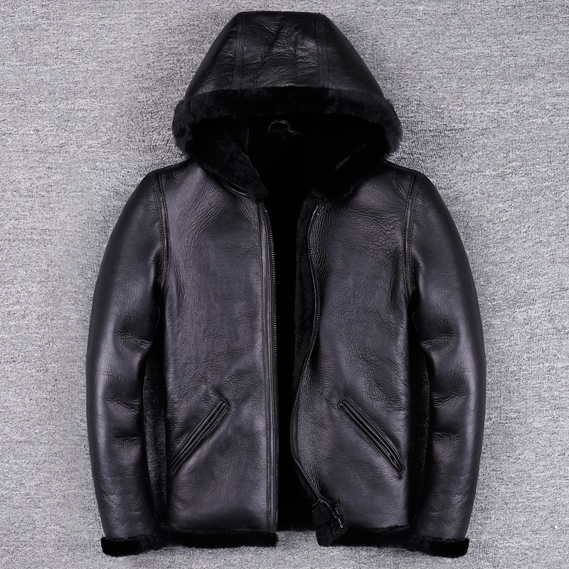 M2162头层绵羊皮男士短款真皮皮夹克冬季青年连帽修身型机车皮衣