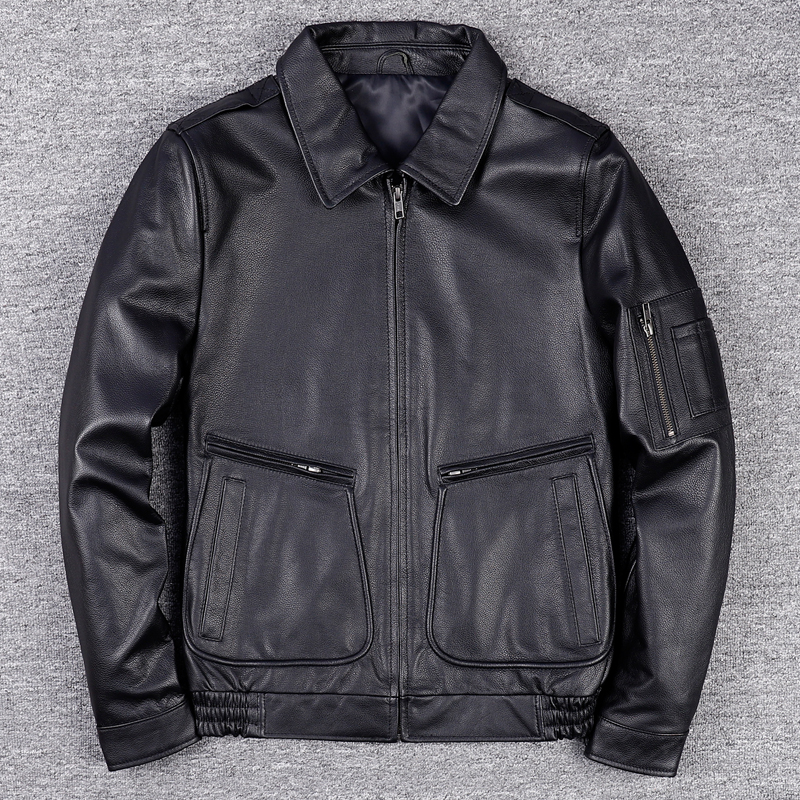 17022头层牛皮男士男款短款真皮皮衣秋冬翻领飞行服机车皮夹克