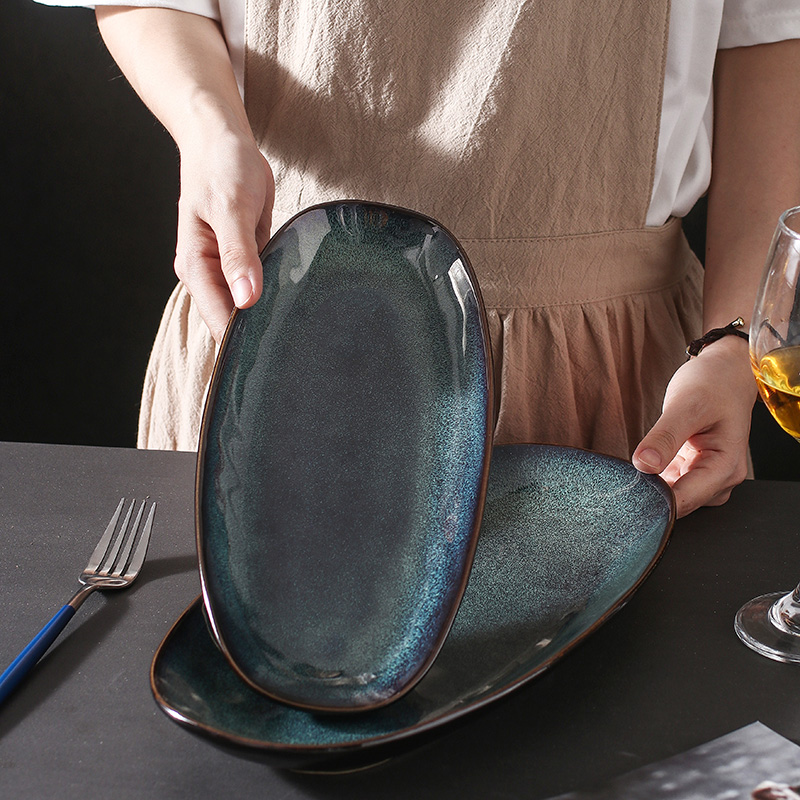 日式鱼盘复古个性窑变椭圆盘蒸盘鱼寿司盘点心甜点炸鸡文艺摆盘