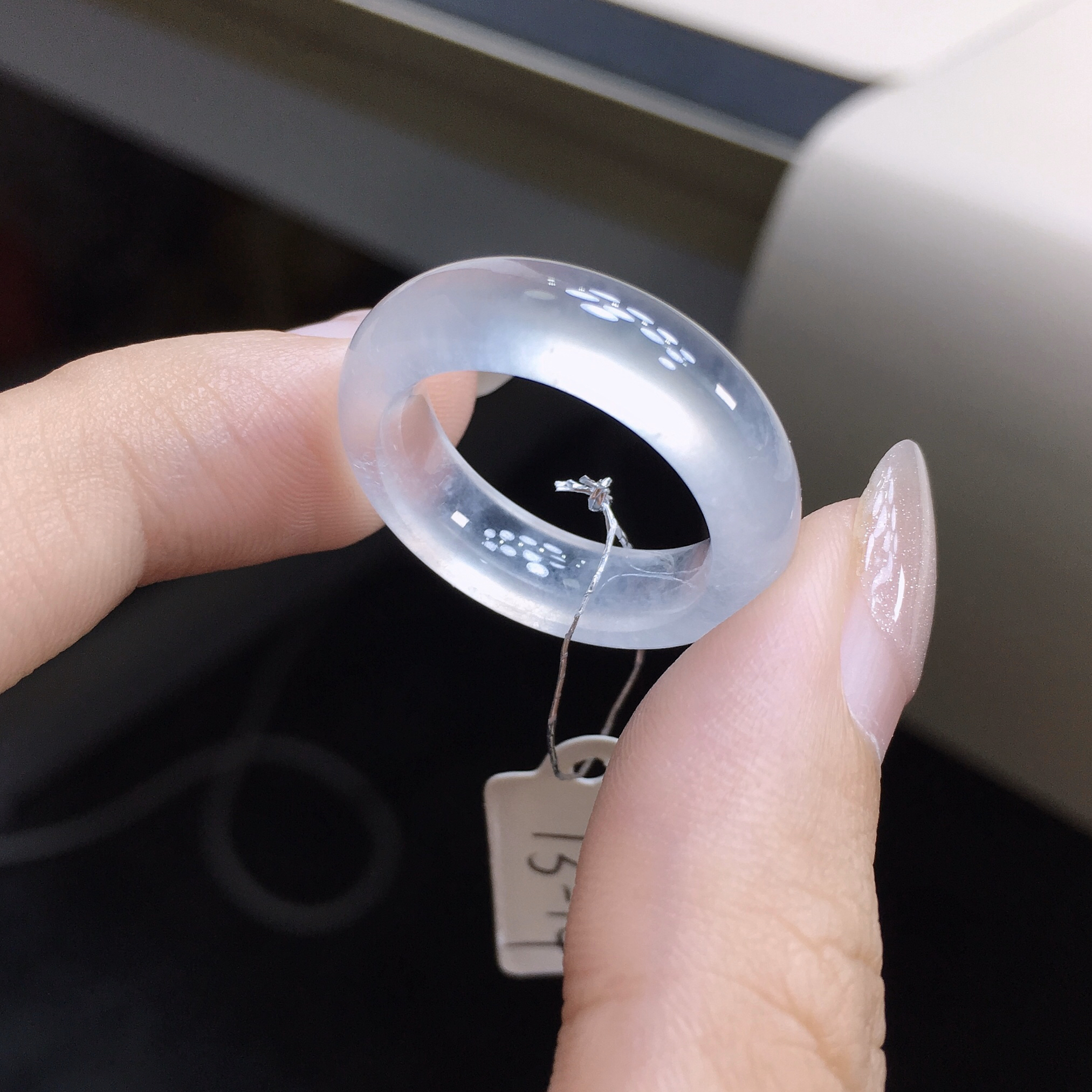 14号圈 天然A货缅甸翡翠 玻璃钢白月光戒指 尺寸16.8×6.1×4.3m