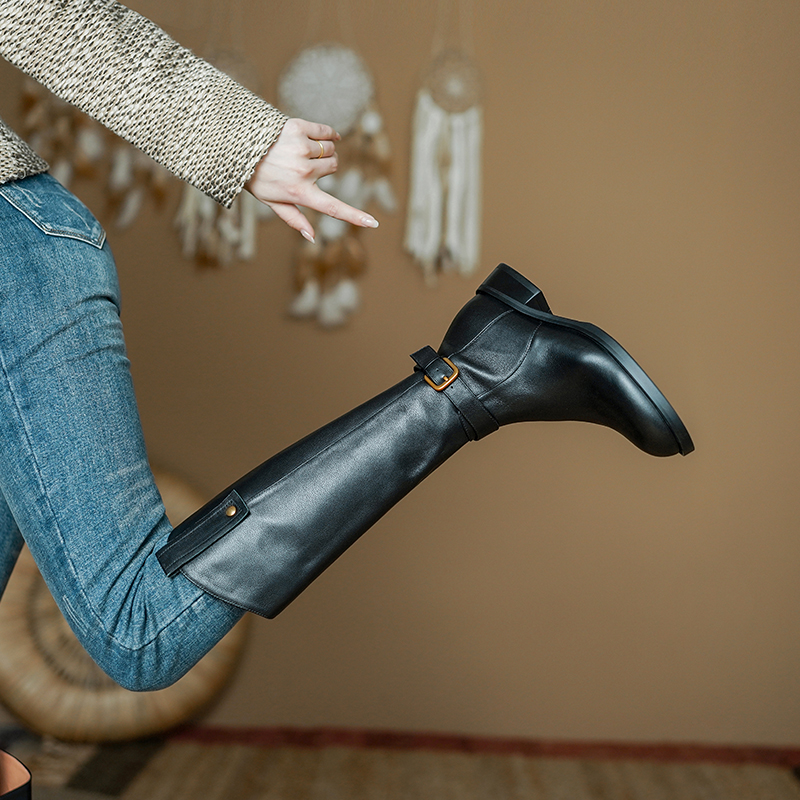 跟高3.5秋冬款圆头女粗跟百搭复中跟黑色长靴加绒保暖休闲软底