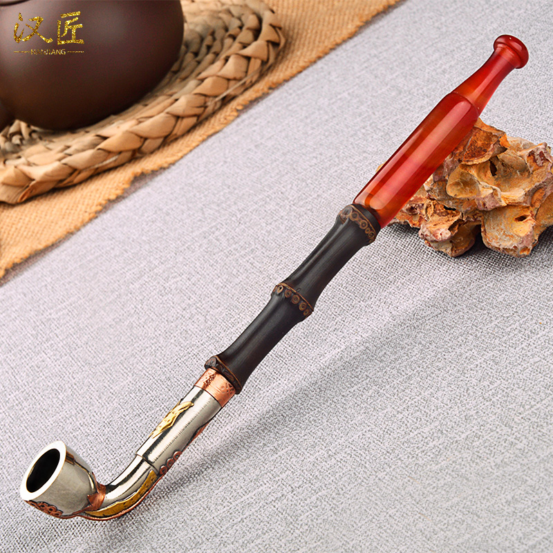 汉匠老式白铜镶花旱烟锅子手工传统紫竹烟杆男士烟斗专用