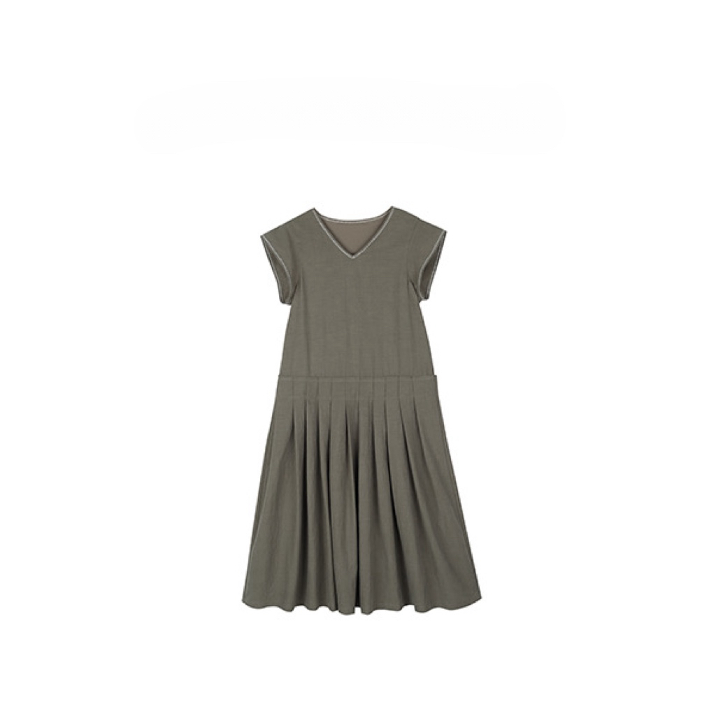 无品牌2025SS小众设计师特种机工艺莫兰迪色石灰绿连衣裙