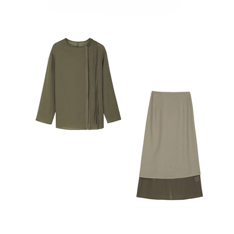 小众设计师2025SS 沉香绿高级感拼接薄款套装气质秋季早秋长袖