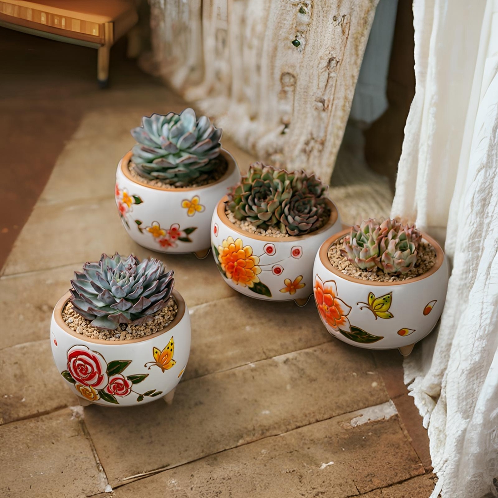 手绘多肉植物花盆圣透气大小传统雕刻手工粗陶陶瓷多肉植物花盆