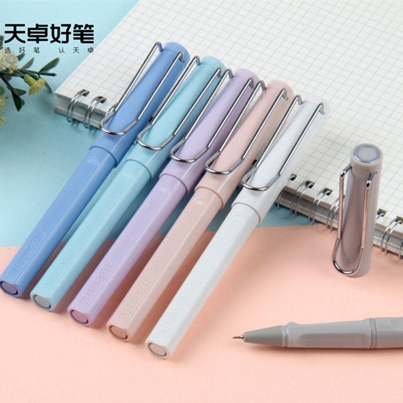 天卓66130莫兰迪色中性笔速干黑色水笔0.35mm学生钢丝夹高颜值笔