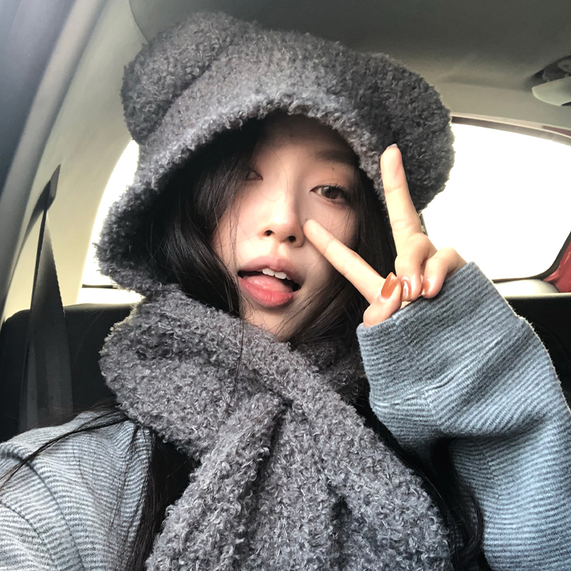 【猫仔kitten】可爱小熊耳朵帽子围脖一体式日系保暖针织毛线帽女