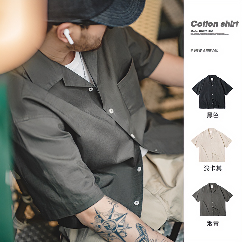 马登工装美式复古巴领宽松短袖教父衬衫透气咔叽休闲男寸衣痞帅夏