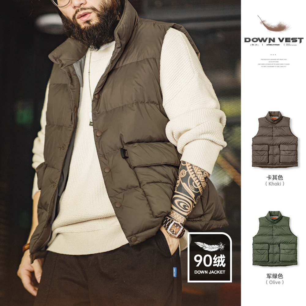 马登工装美式休闲轻薄羽绒马甲鸭绒保暖立领内搭外穿背心马夹男秋