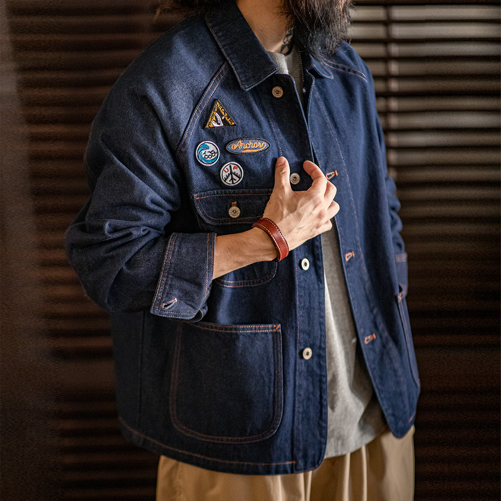 马登工装美式徽章牛仔夹克重磅水洗翻领外套男秋冬