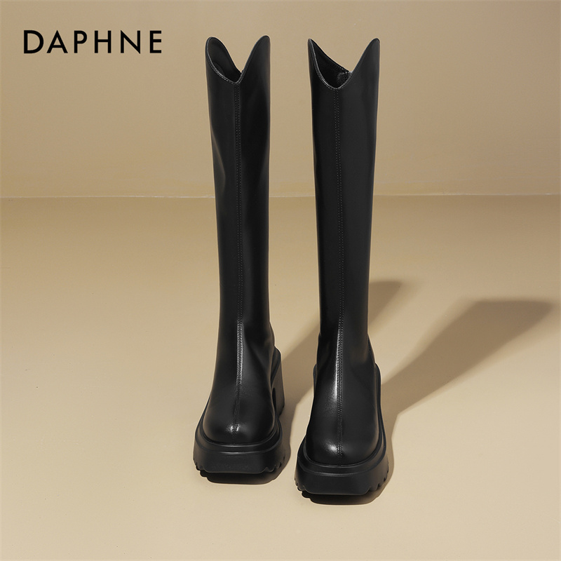 达芙妮小个子高帮鞋2025春夏透气时装靴厚底增高8cm显瘦V口长筒靴