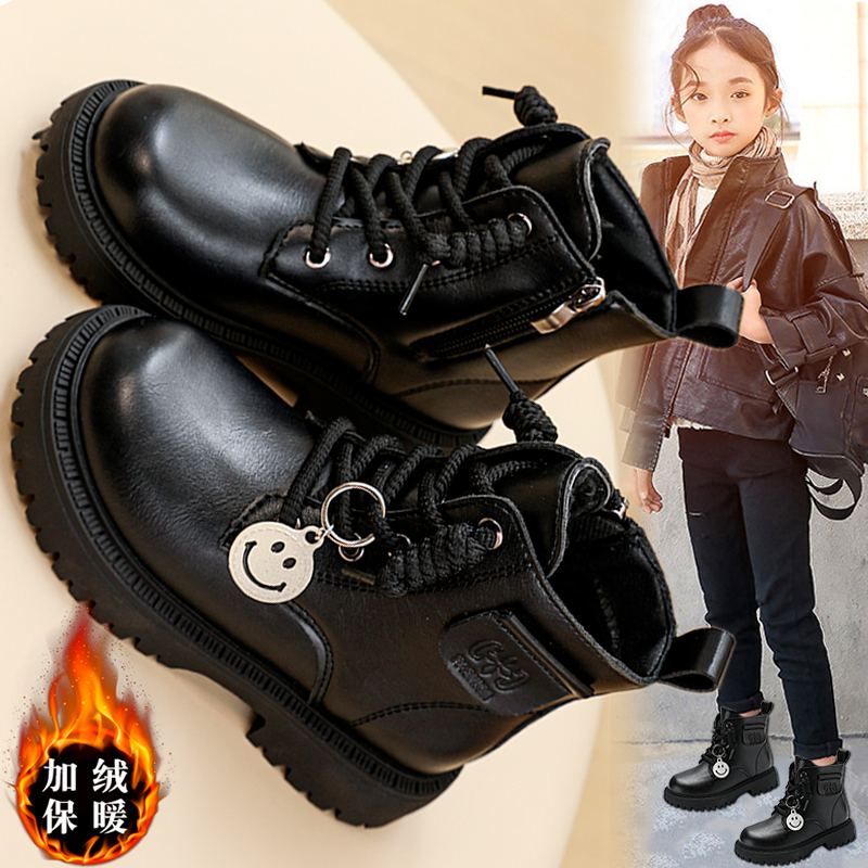 回力潮品童鞋童鞋女童马丁靴儿童皮靴软底黑色防滑加绒保暖二棉鞋