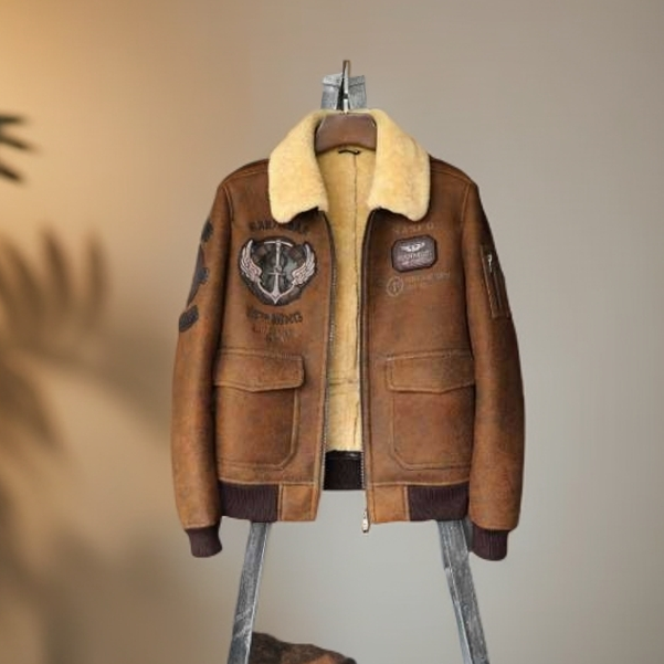 【遐尔家1889】绵羊毛革空军飞行员夹克保暖男士真皮皮衣夹克短款冬