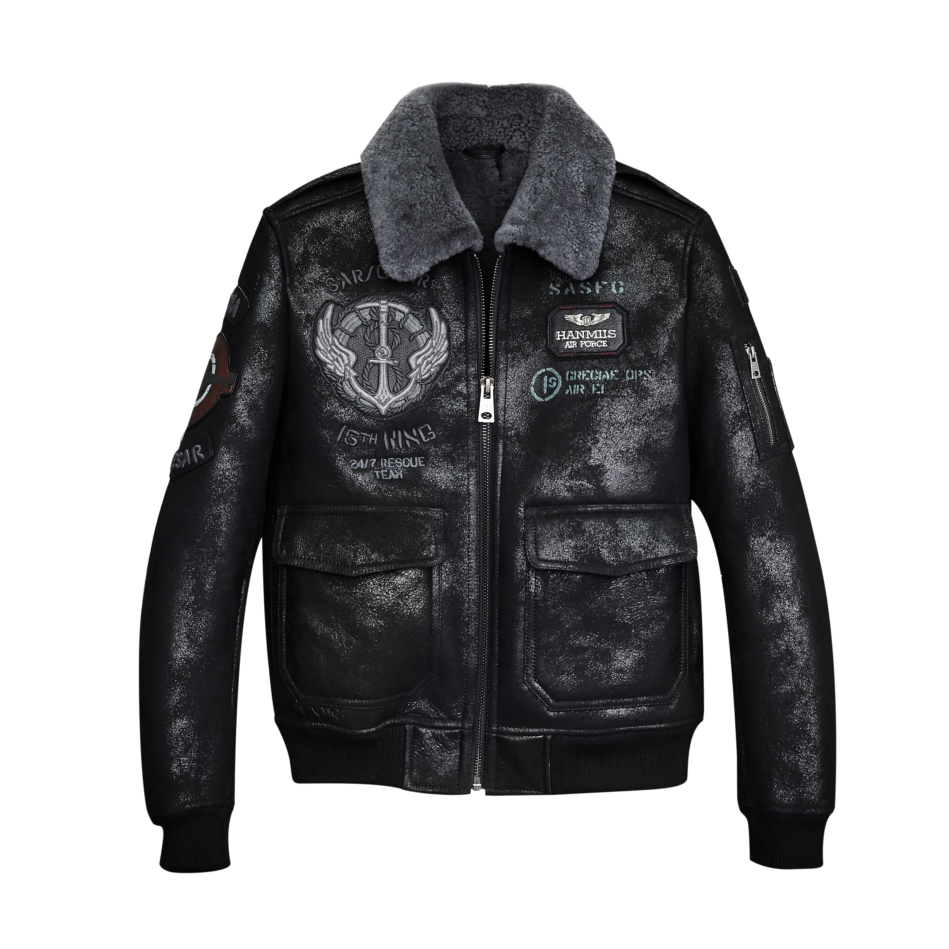 【遐尔家1889】绵羊毛革空军飞行员夹克保暖男士真皮皮衣夹克短款冬