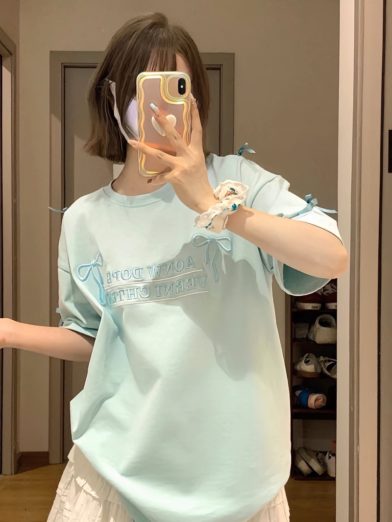 美式街头蝴蝶结刺绣字母短袖T恤女夏季宽松慵懒oversize上衣ins潮