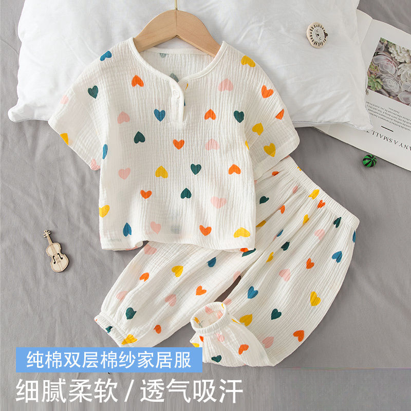 儿童家居服夏季薄款男童女童短袖套装泡泡棉小童空调服宝宝睡衣夏