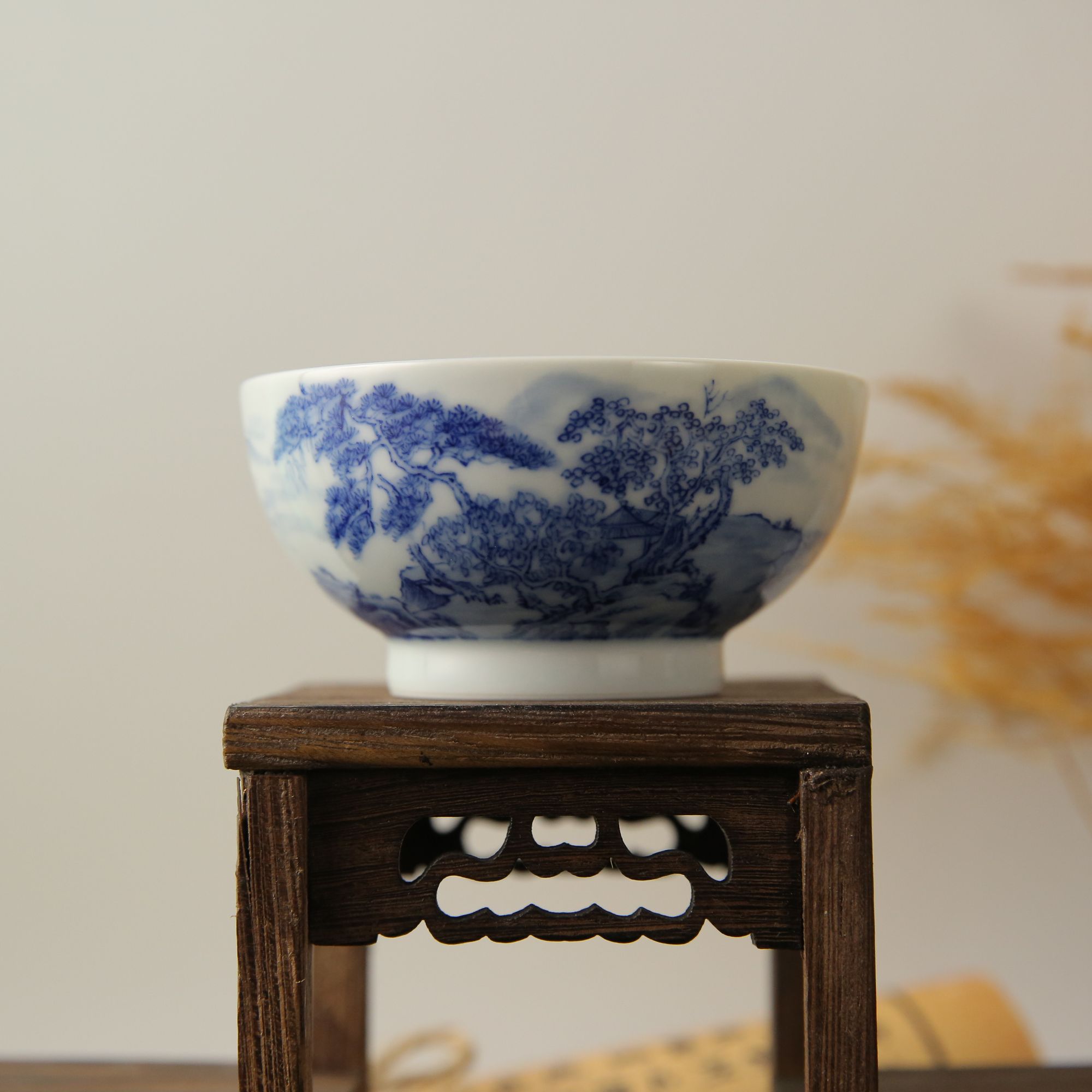 景德镇陶瓷茶具手工手绘高温釉下青花山水茶碗主人杯高档泡茶杯