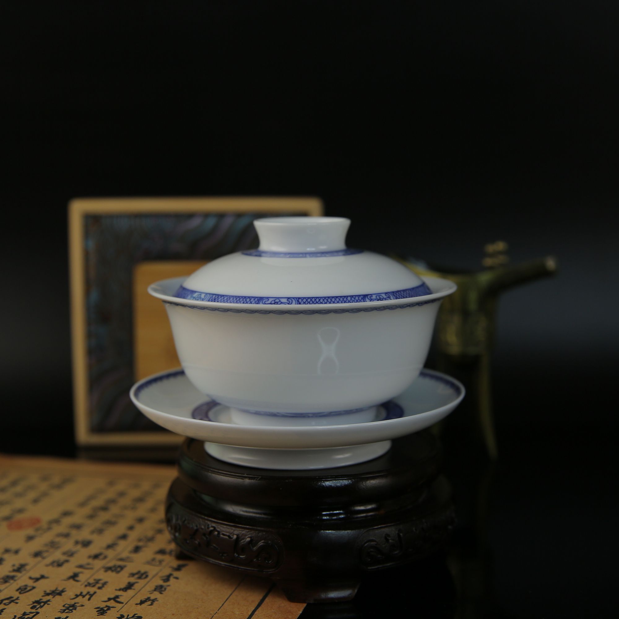 景德镇陶瓷手工手绘高温釉下青花三才盖碗功夫茶具家庭办公礼盒装