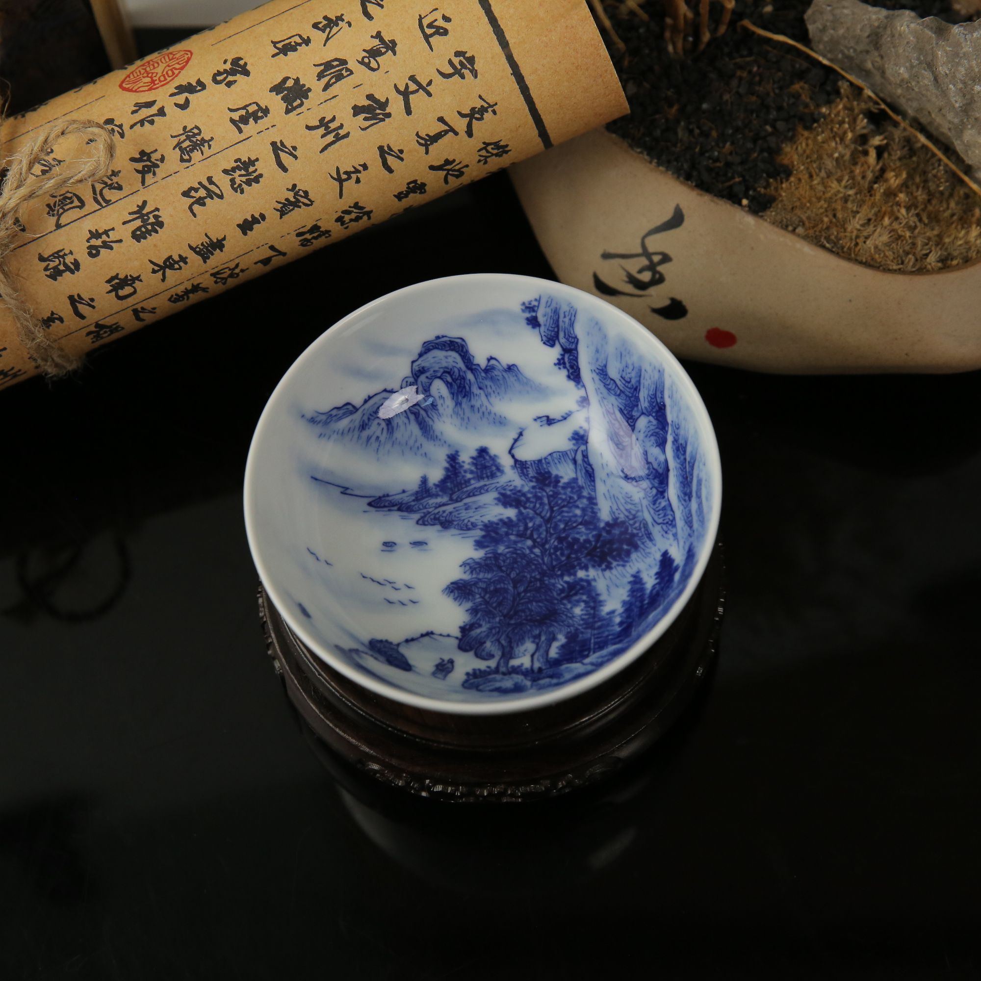 景德镇茶具手工手绘高温釉下青花山水普洱主人杯高档家用礼盒装