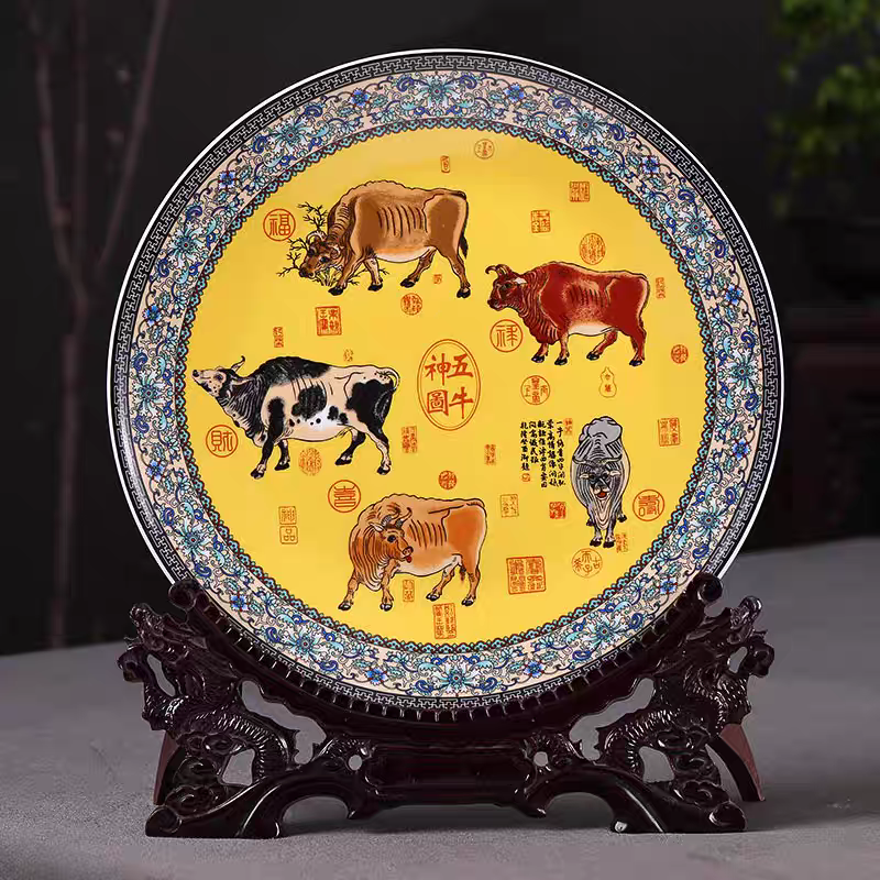 景德镇陶瓷器挂盘装饰盘子 五牛图 中式客厅玄关工艺品博古架摆件