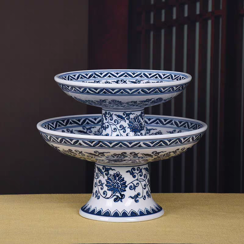 景德镇青花瓷高足茶点盘干坚果水果盘茶室青花瓷高脚果盘大号果盘