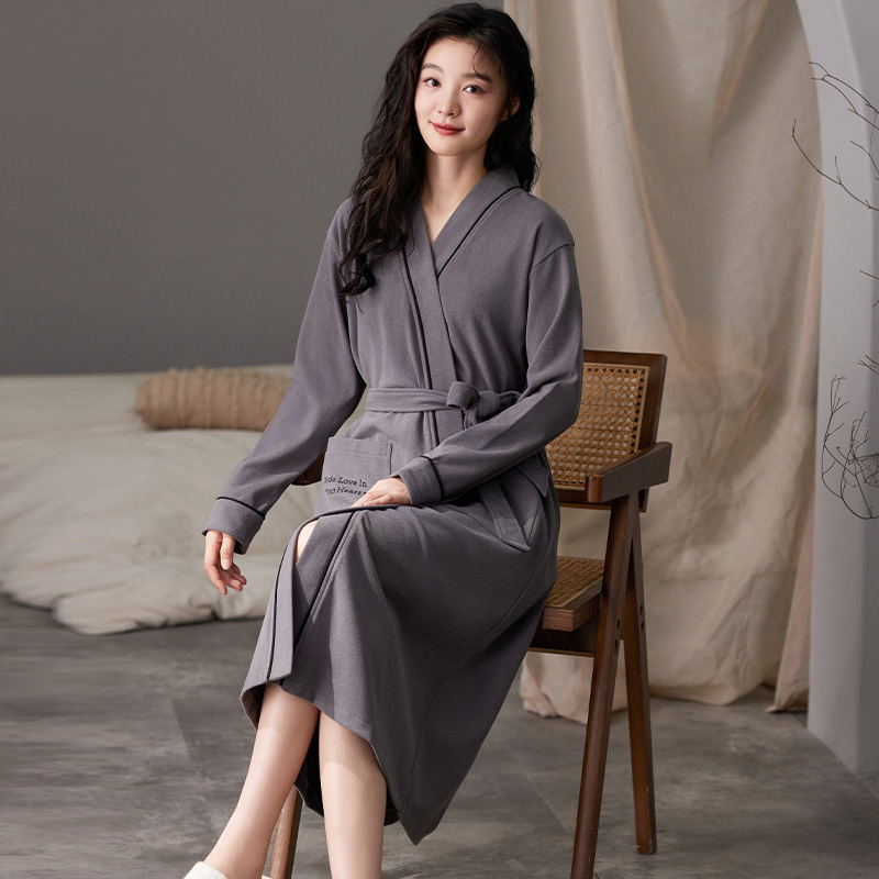莉莉家阳离子绒女高级灰睡袍系带秋冬加厚加绒保暖家居服88699