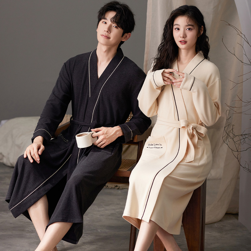 莉莉家阳离子绒情侣睡袍系带杏色黑色秋冬款加厚加绒保暖家居服