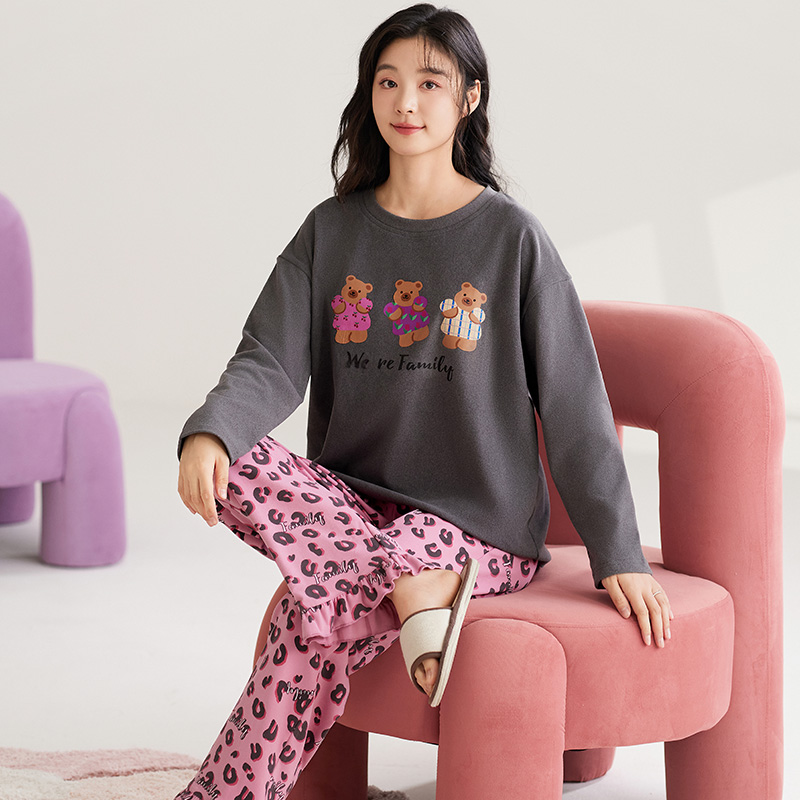 莉莉家阳离子绒女豹纹小熊套头秋冬款加厚加绒保暖家居服88762