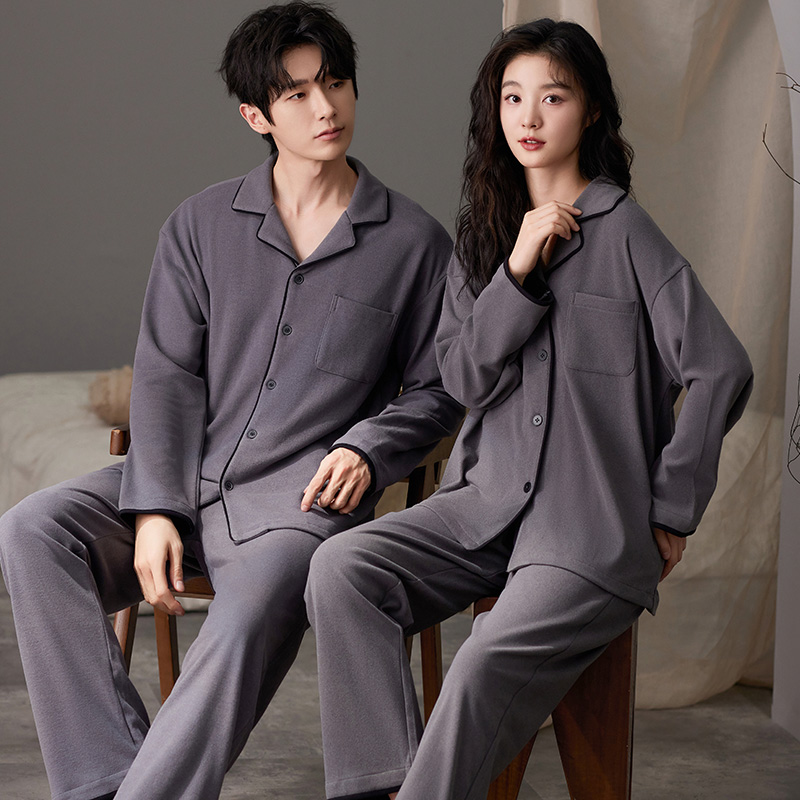莉莉家阳离子绒情侣翻领睡衣高级灰秋冬款加厚加绒保暖家居服