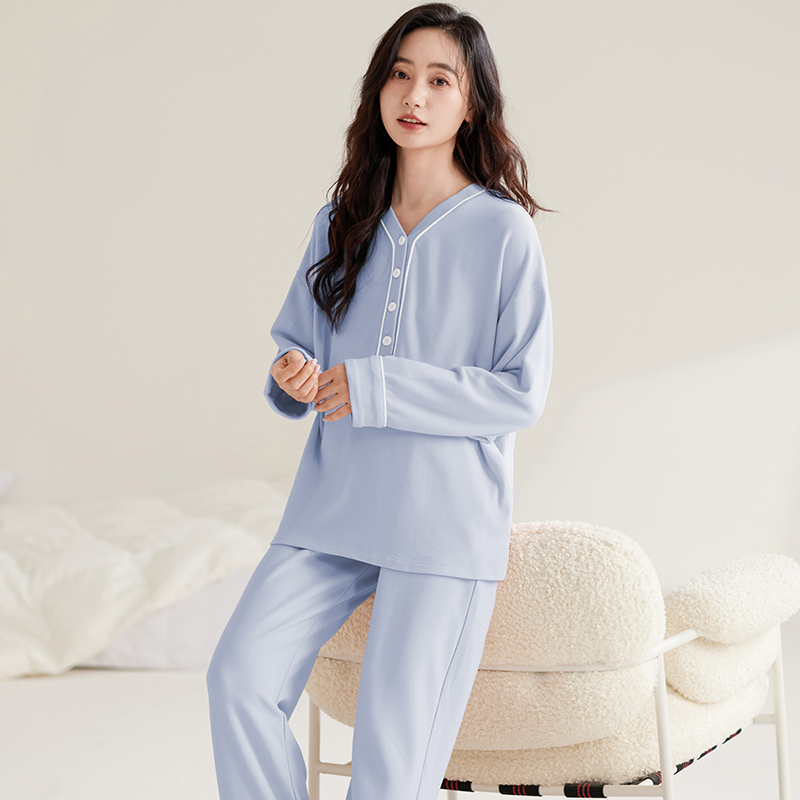 莉莉家阳离子绒半开襟女浅蓝色秋冬款加厚加绒保暖家居服88709