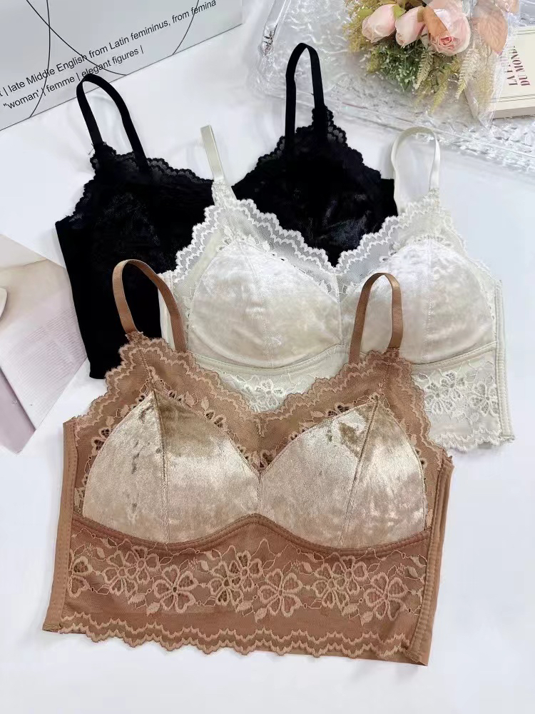 【百沐萱】100斤-140斤法式蕾丝拼接丝绒性感V领美背内衣女固定杯