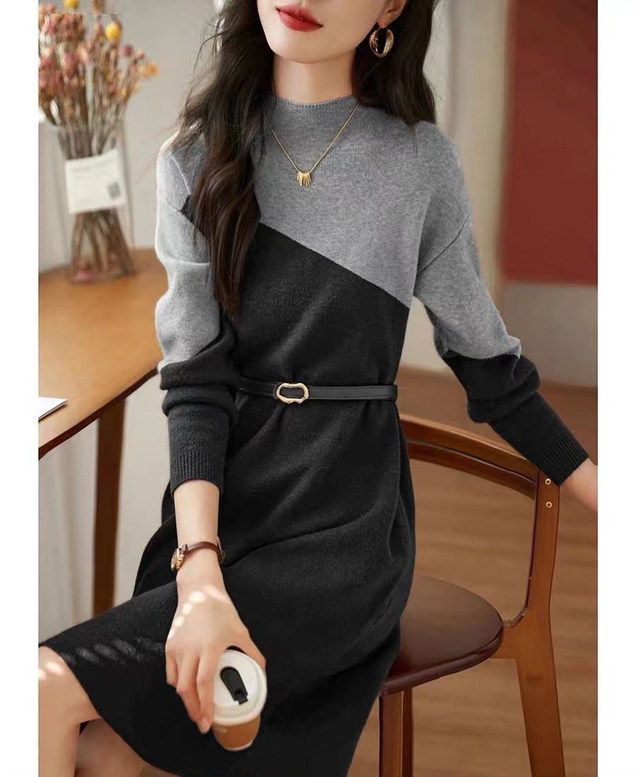 秋冬长袖百搭V领假两件中间带腰带针织连衣裙f1876 J05187
