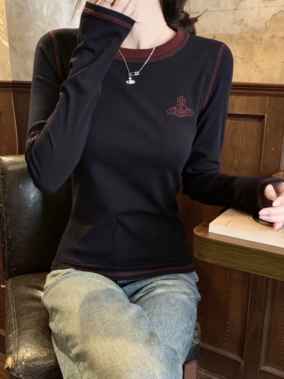 水溶长袖圆领T恤时尚百搭简约宽松上衣 新选f395 J09189