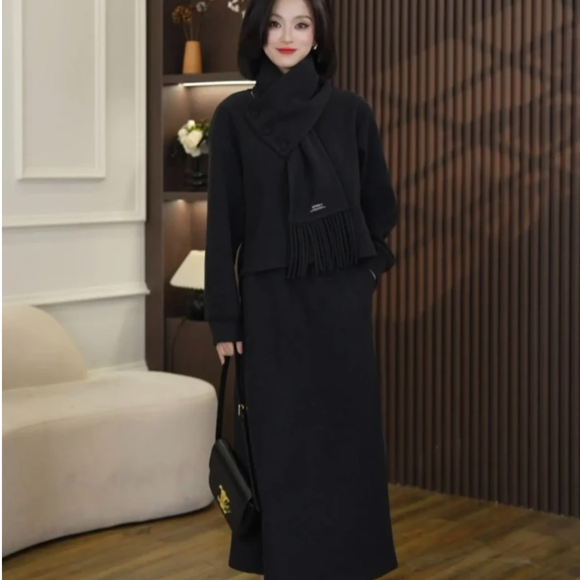 羊毛加厚围巾领套装冬季法式上衣半身裙围巾三件套