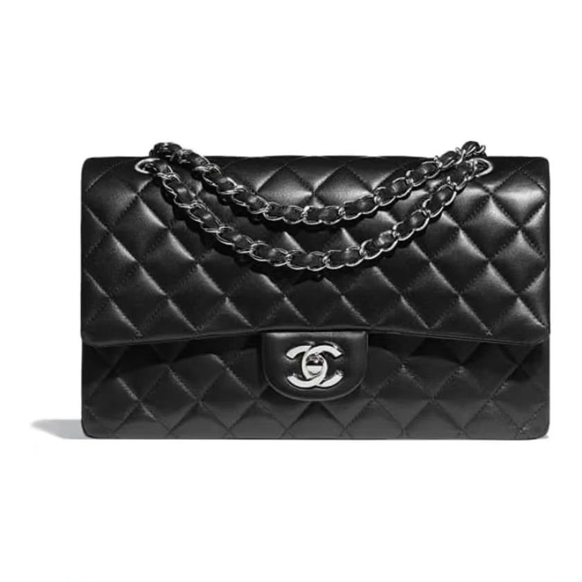 99新 Chanel/香奈儿 cf中号黑银羊皮扣盖包 29开/公77000/150691