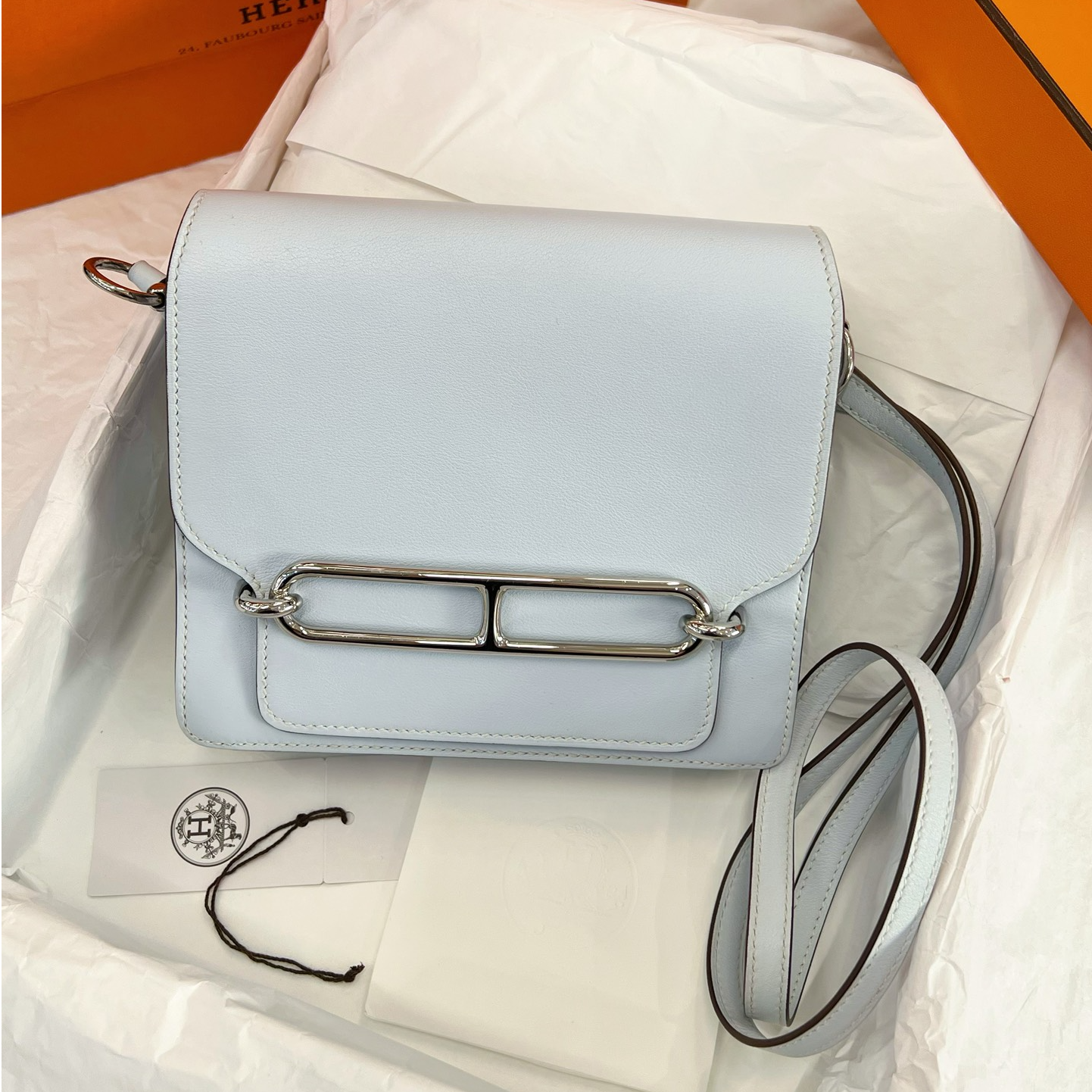 95新 Hermes/爱马仕 猪鼻子19单肩包 雾霾蓝银扣 Swift皮 Z刻
