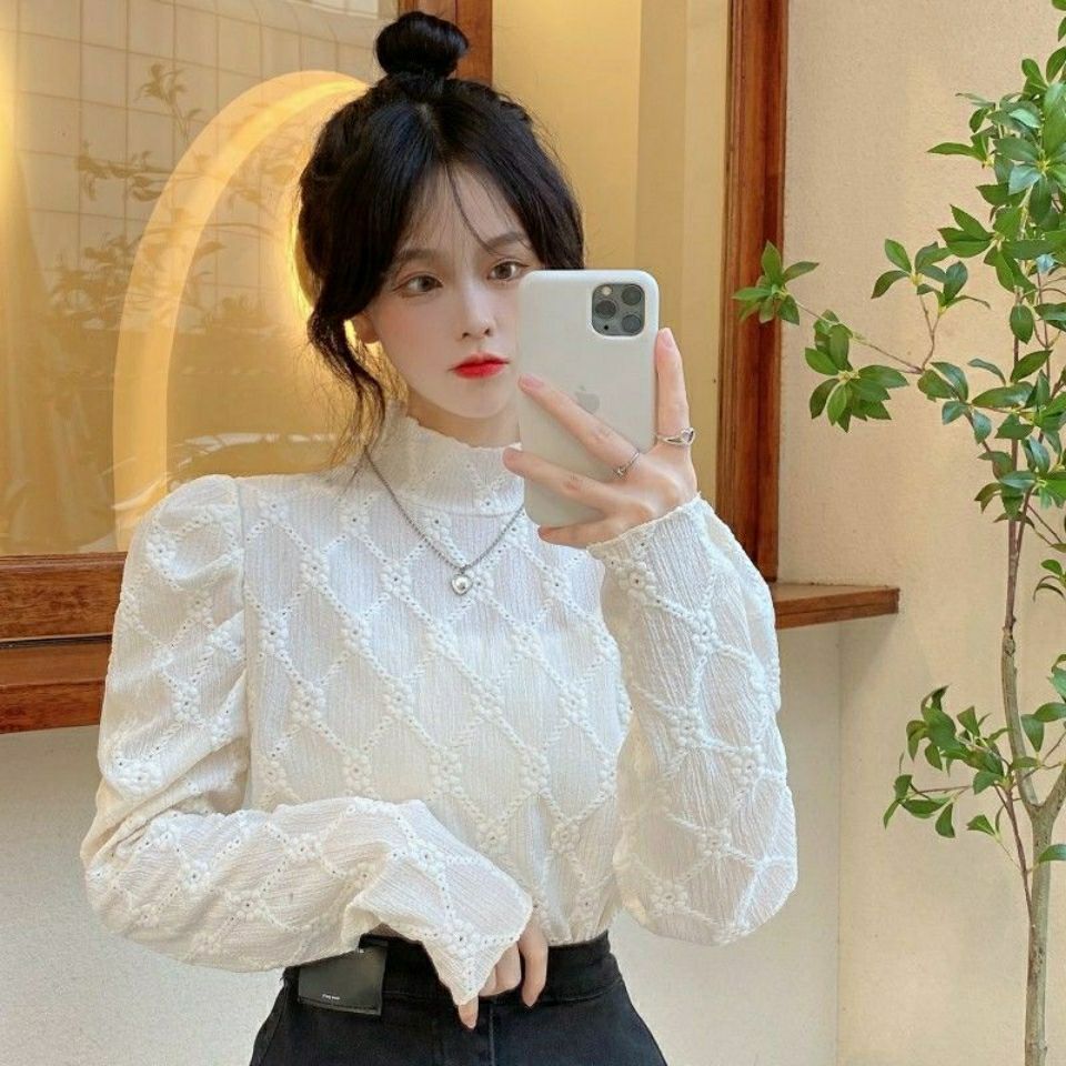 内搭打底衫女设计感小众2024新款秋冬季洋气小衫高领白色蕾丝上衣