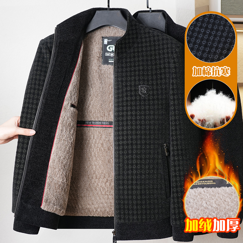 【冬季厚款/立领格纹】绒感毛呢保暖中年男士爸爸绒加厚棉服2209