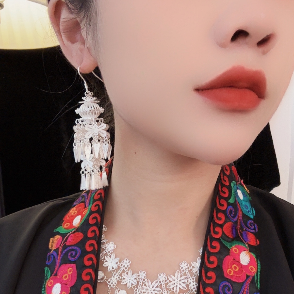 足银耳饰 足银灯笼花丝长流苏精致民族风手工耳环耳饰