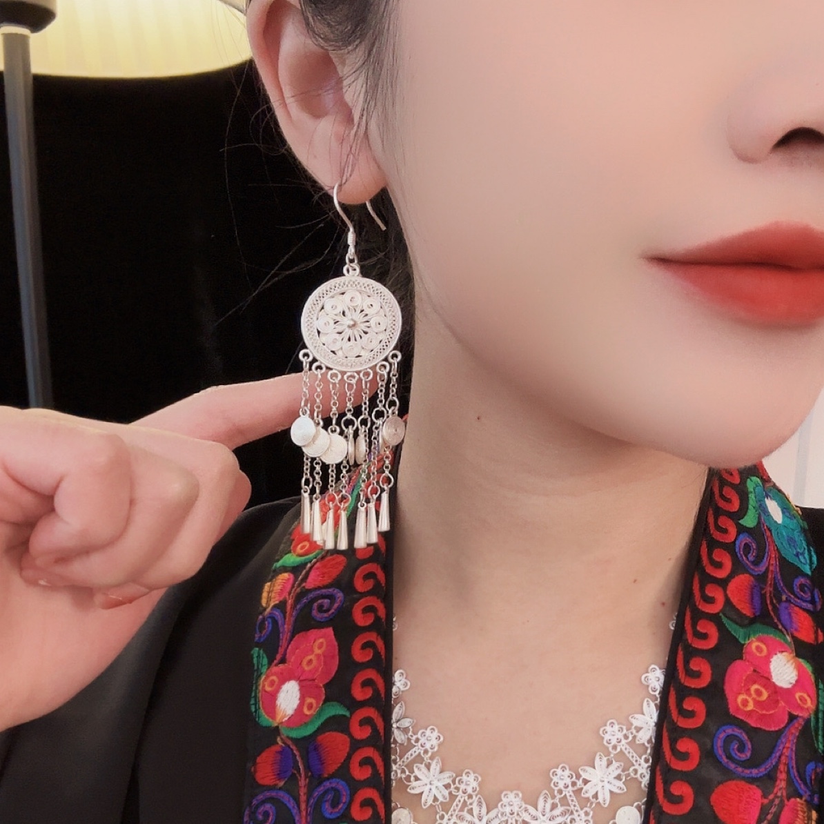 足银耳饰 足银6296铜鼓花丝工艺长流苏精致民族风手工耳环