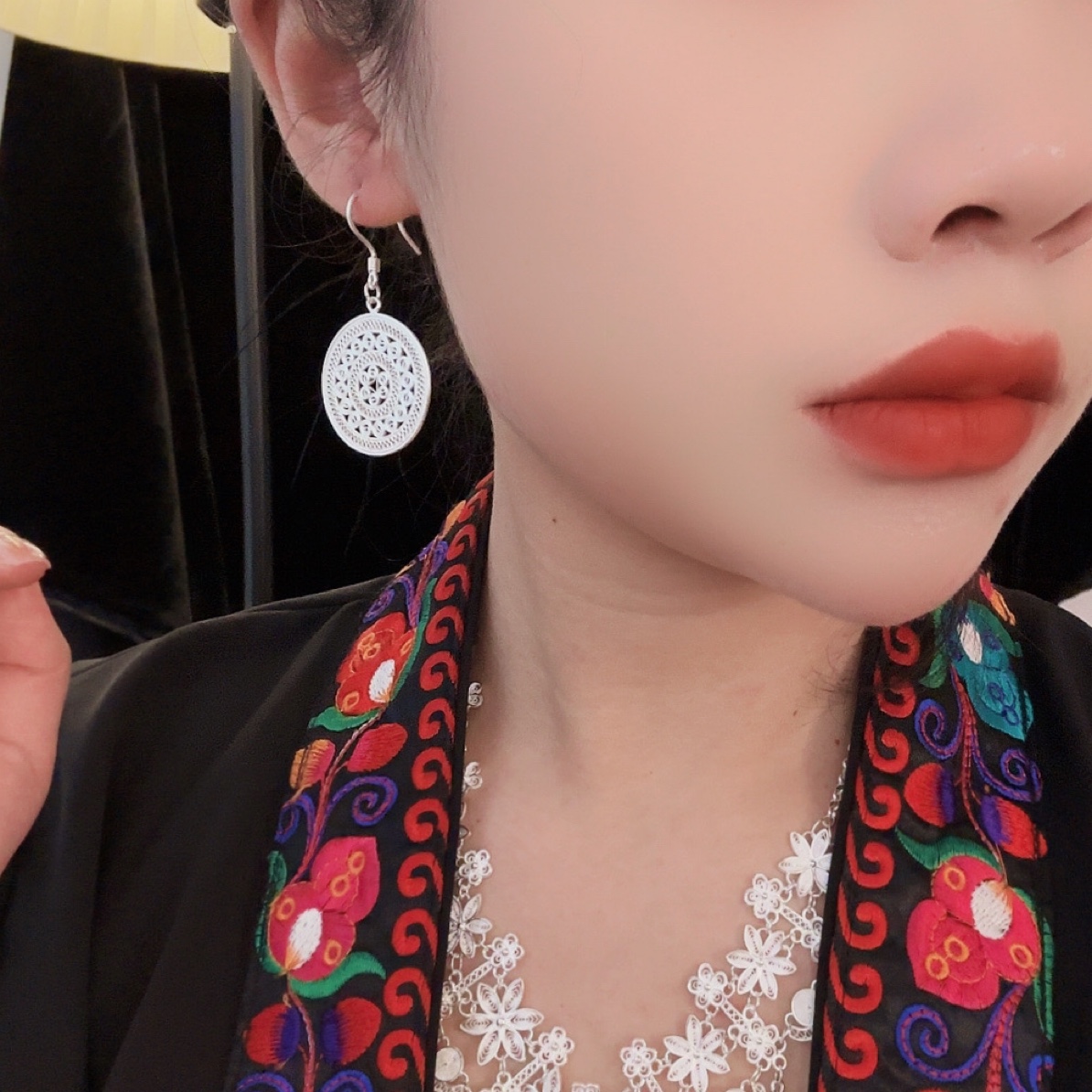 足银耳饰 足银铜鼓6224大直径花丝精致耳环耳坠