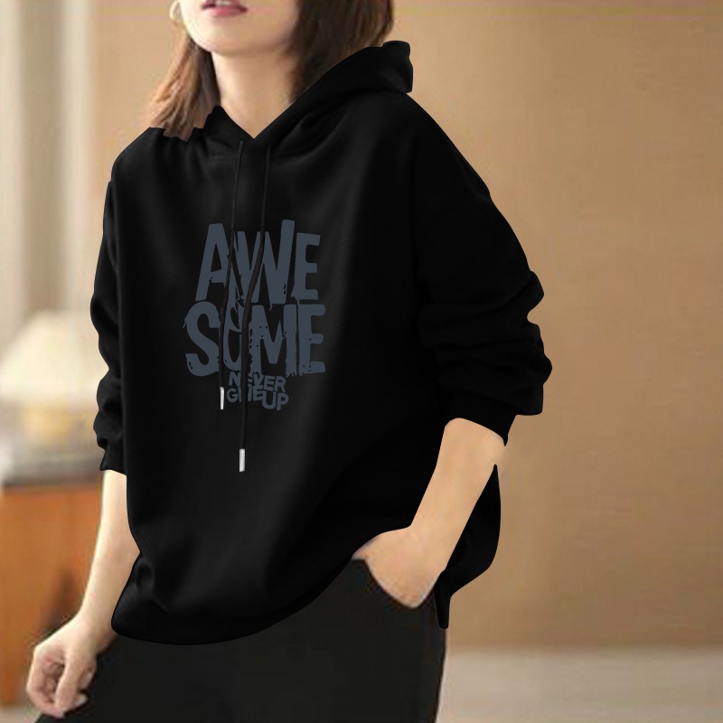 2024秋冬季新款连帽套头女士卫衣韩版加绒加厚中长款微胖纯色上衣