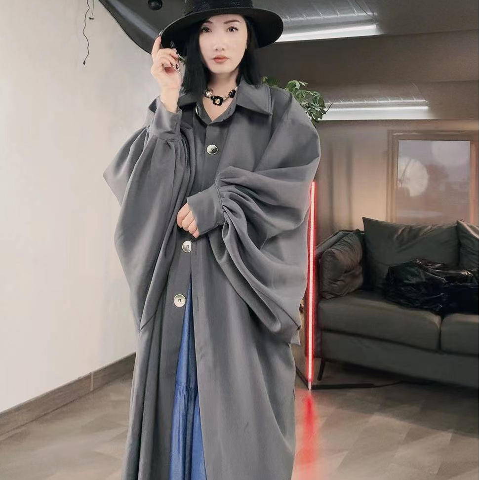 2024秋季复古蝙蝠袖长款风衣外套女高级气质感时尚宽松百搭长袍潮