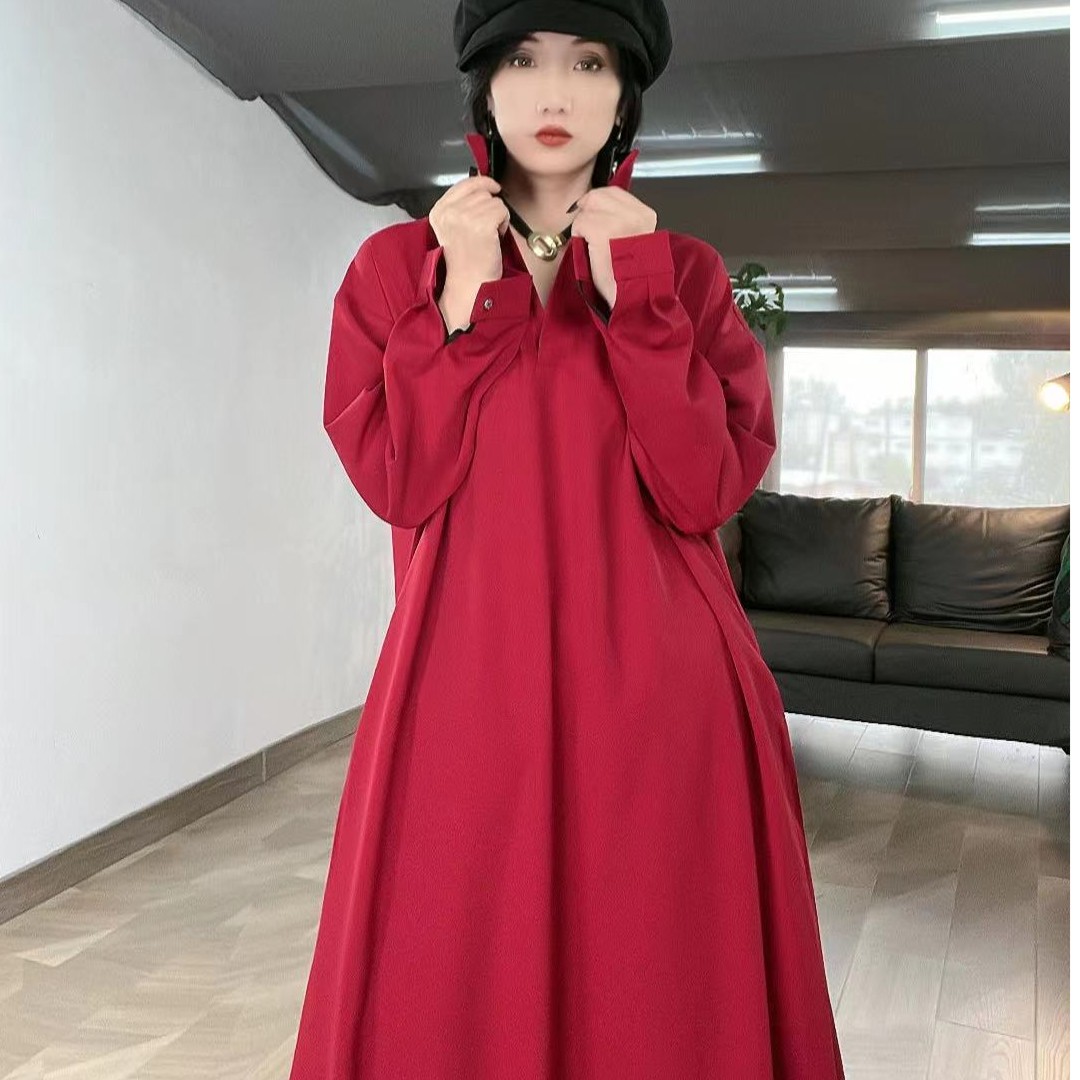 2024春季大码衬衫裙女高级感设计师款长袖拖地裙时尚宽松百搭长裙
