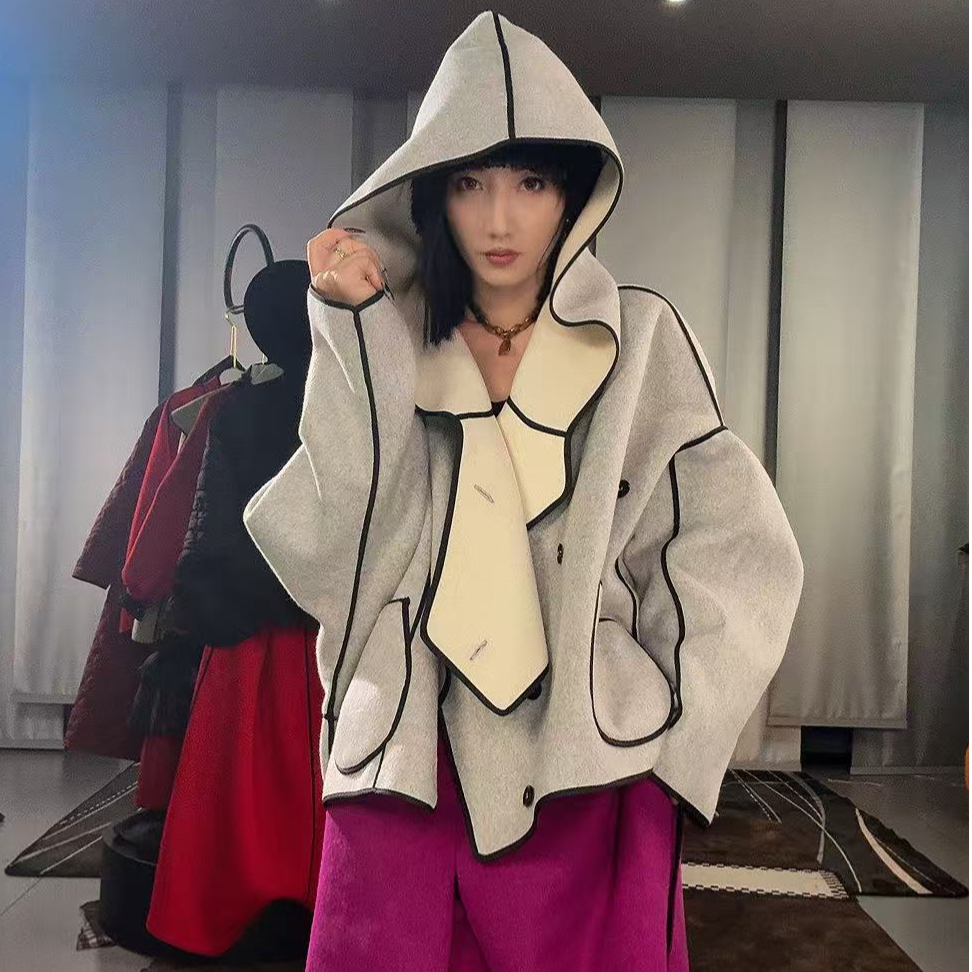 小众设计秋冬连帽短款茧型大衣女个性不规则时尚宽松百搭厚外套潮