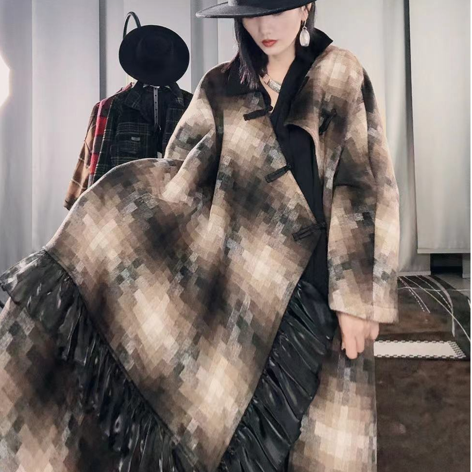 2024秋冬复古盘扣长款大衣女高级感拼接宽松时尚民族风过膝款长袍