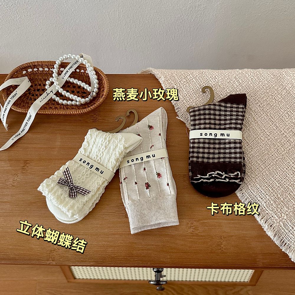 jk少女中筒袜小香风蝴蝶结复古格子袜子女秋冬复古洛丽塔百搭棉袜