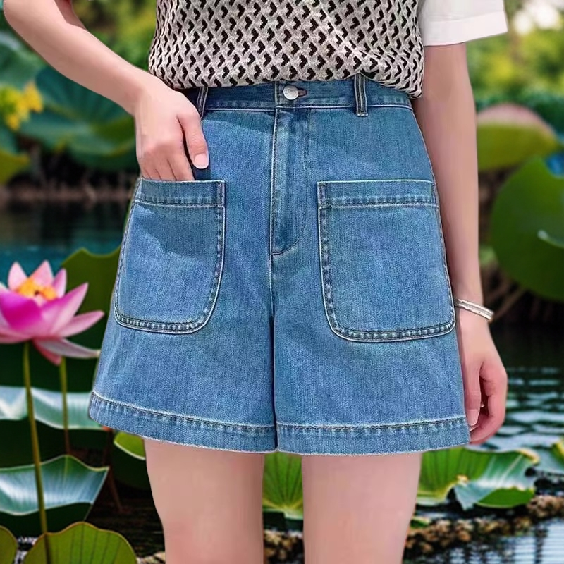 商场同款 夏季高档时尚薄款高腰显瘦a字牛仔短裤女士宽松阔腿热裤