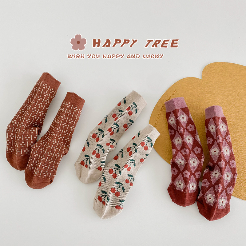 复古甜美格子秋冬百搭儿童袜季新款双针樱桃小花女童中筒袜宝宝