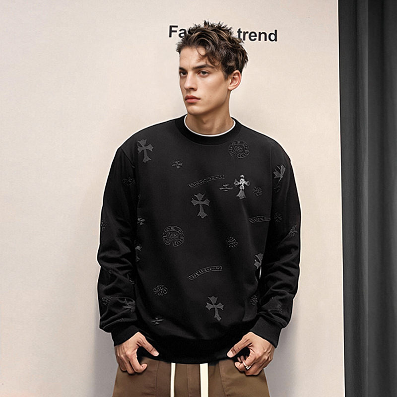 【轻奢男装.君】W2105秋冬潮流休闲百搭十字架宽松圆领长袖卫衣男